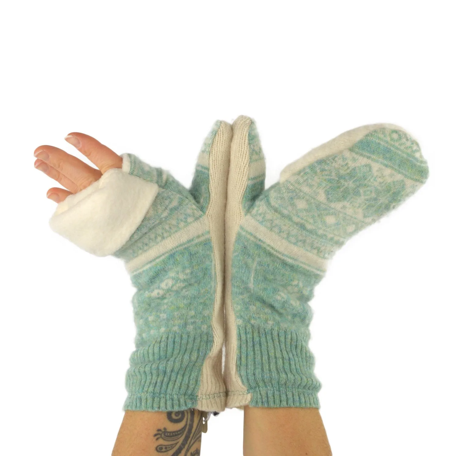 Upcycled Sweater Convertible Mittens in Mint and Cream