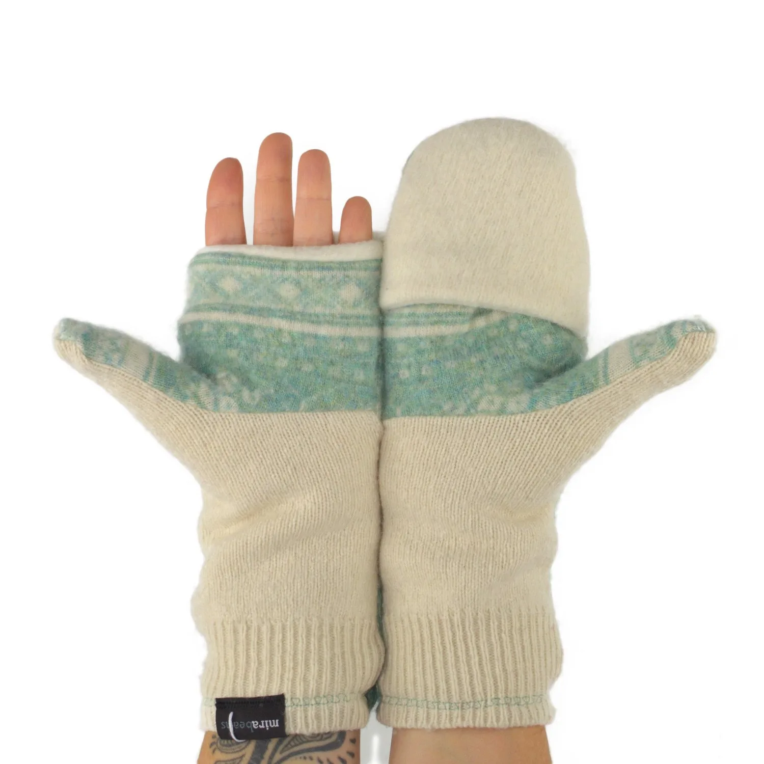 Upcycled Sweater Convertible Mittens in Mint and Cream - Image 5