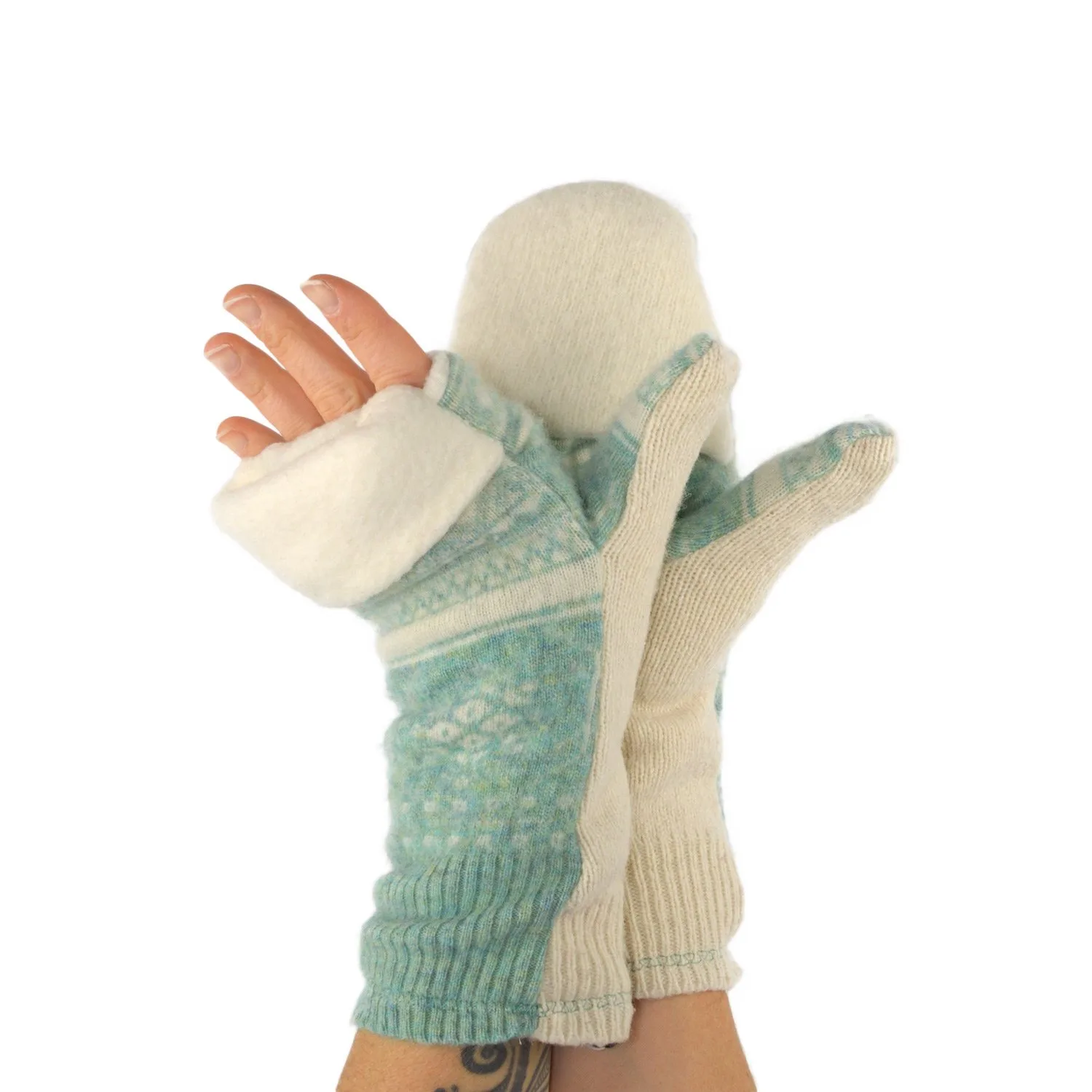 Upcycled Sweater Convertible Mittens in Mint and Cream - Image 3