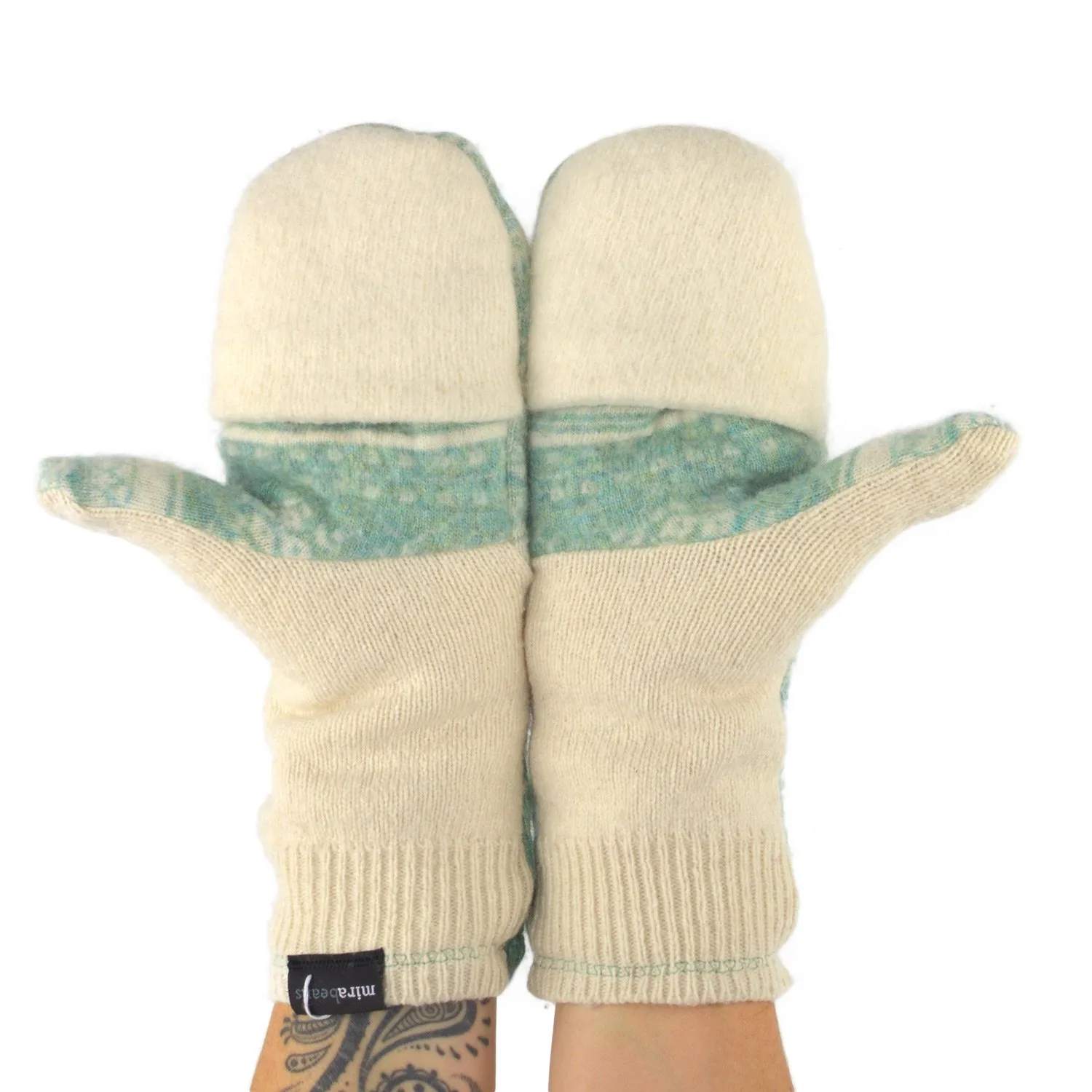 Upcycled Sweater Convertible Mittens in Mint and Cream - Image 4