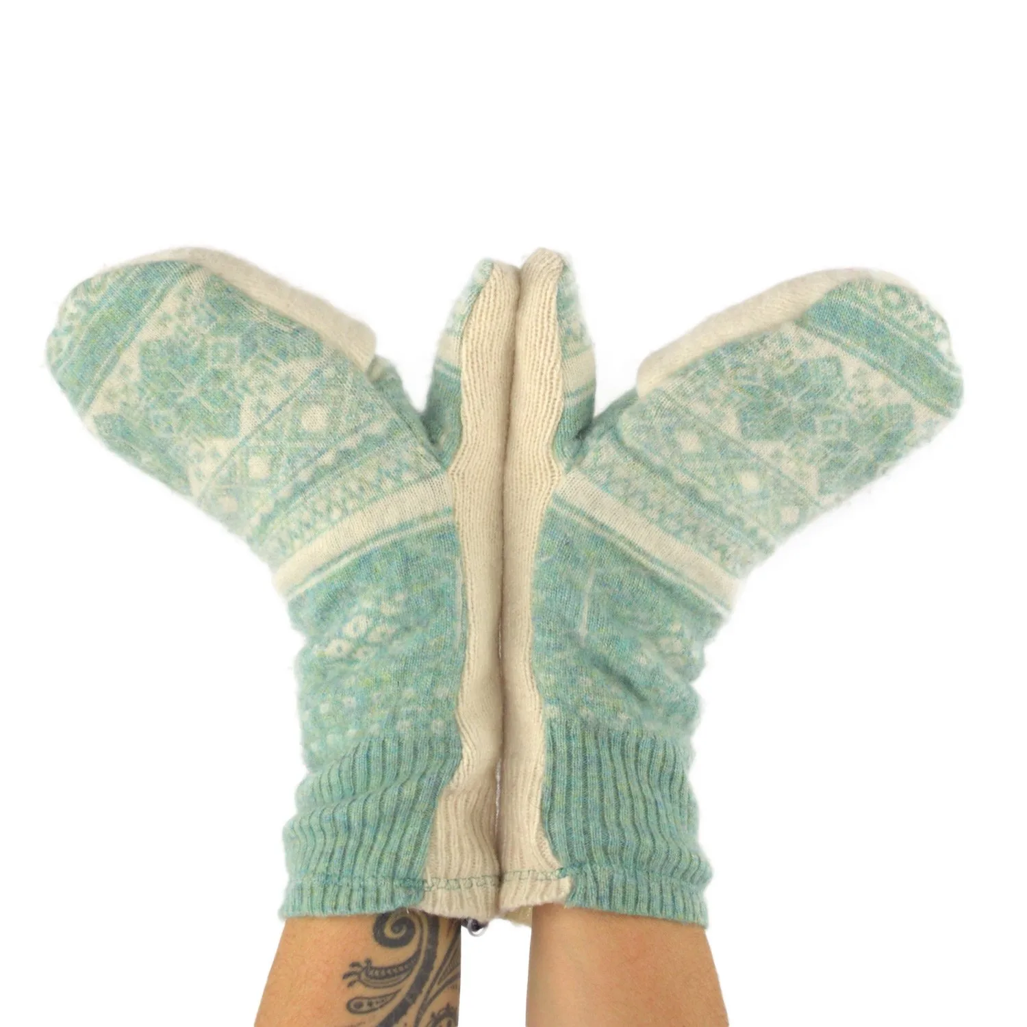 Upcycled Sweater Convertible Mittens in Mint and Cream - Image 2