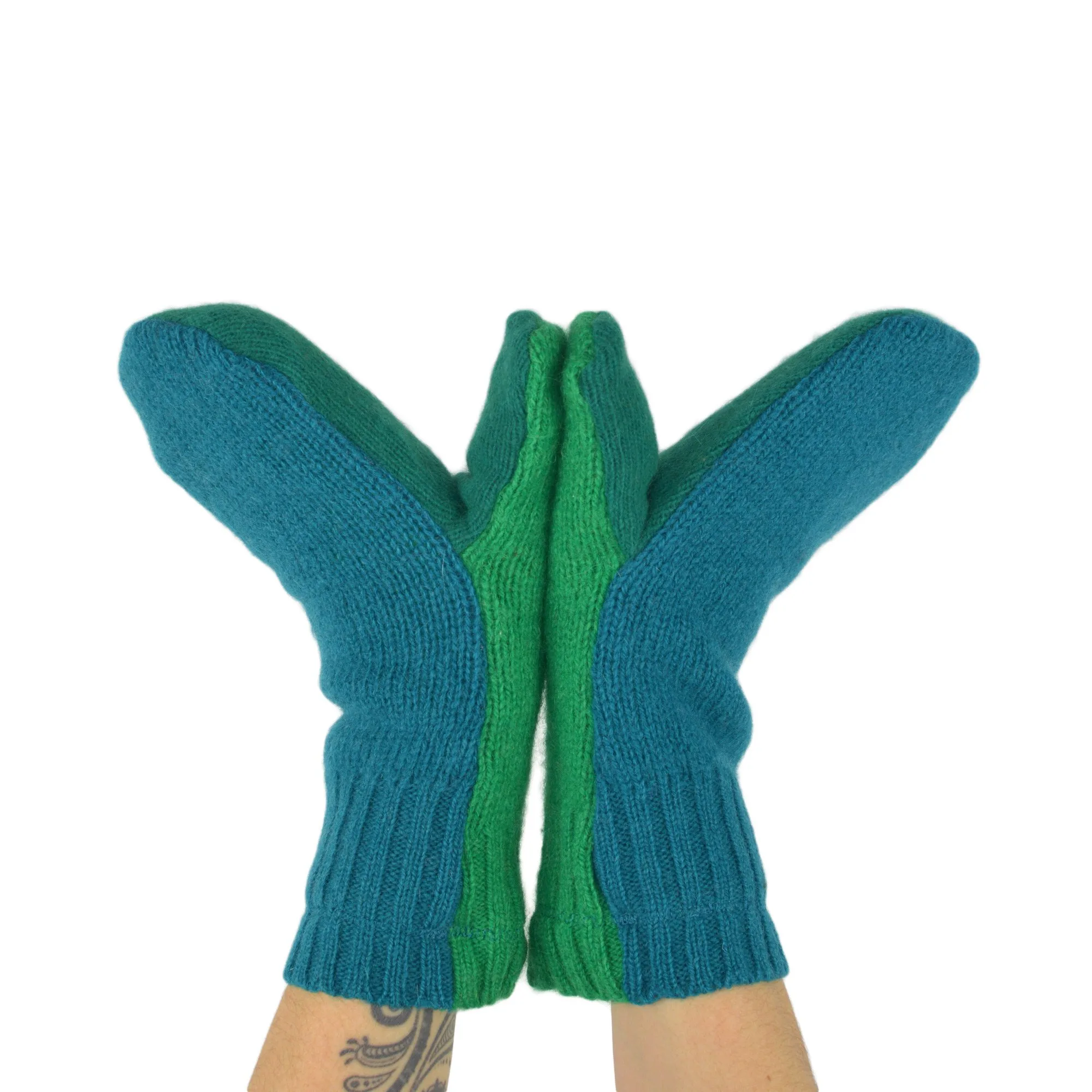 Upcycled Sweater Mittens in Peacock Teal and Green