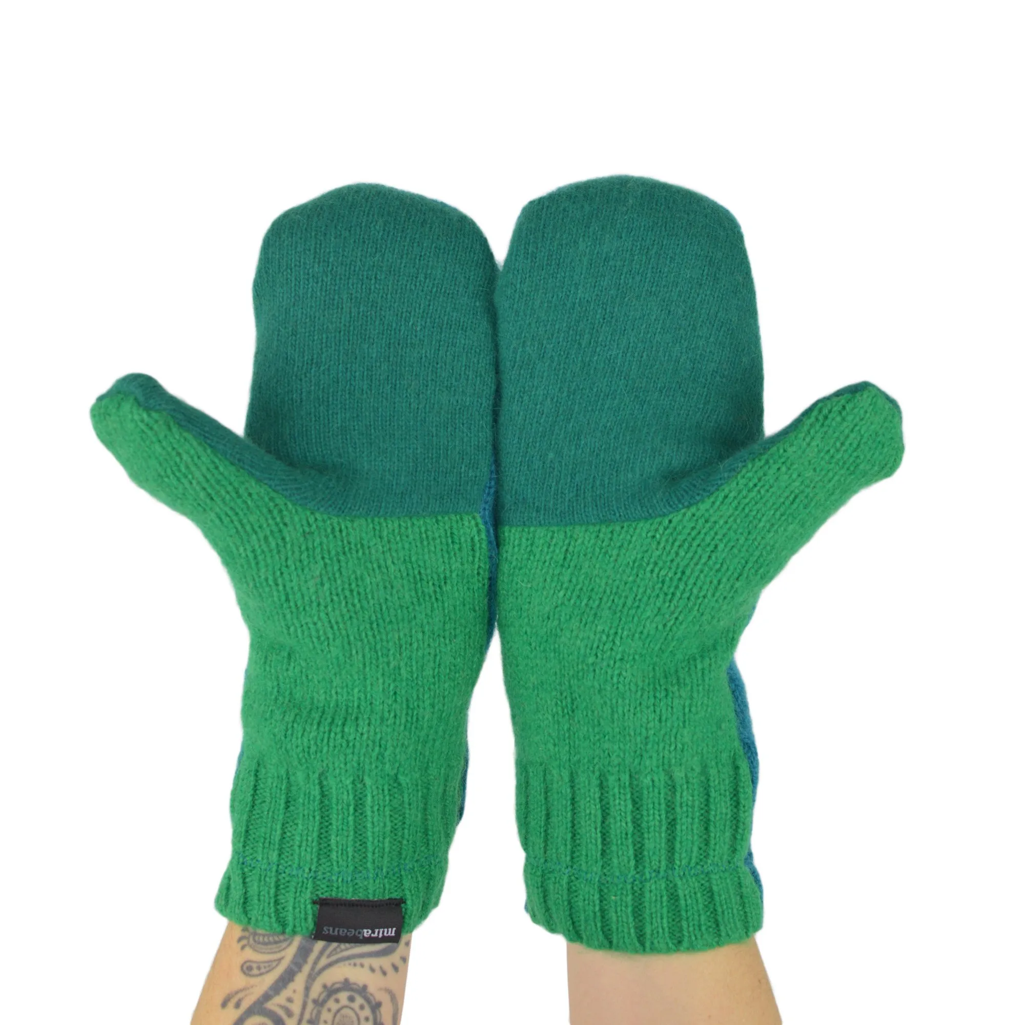 Upcycled Sweater Mittens in Peacock Teal and Green - Image 3