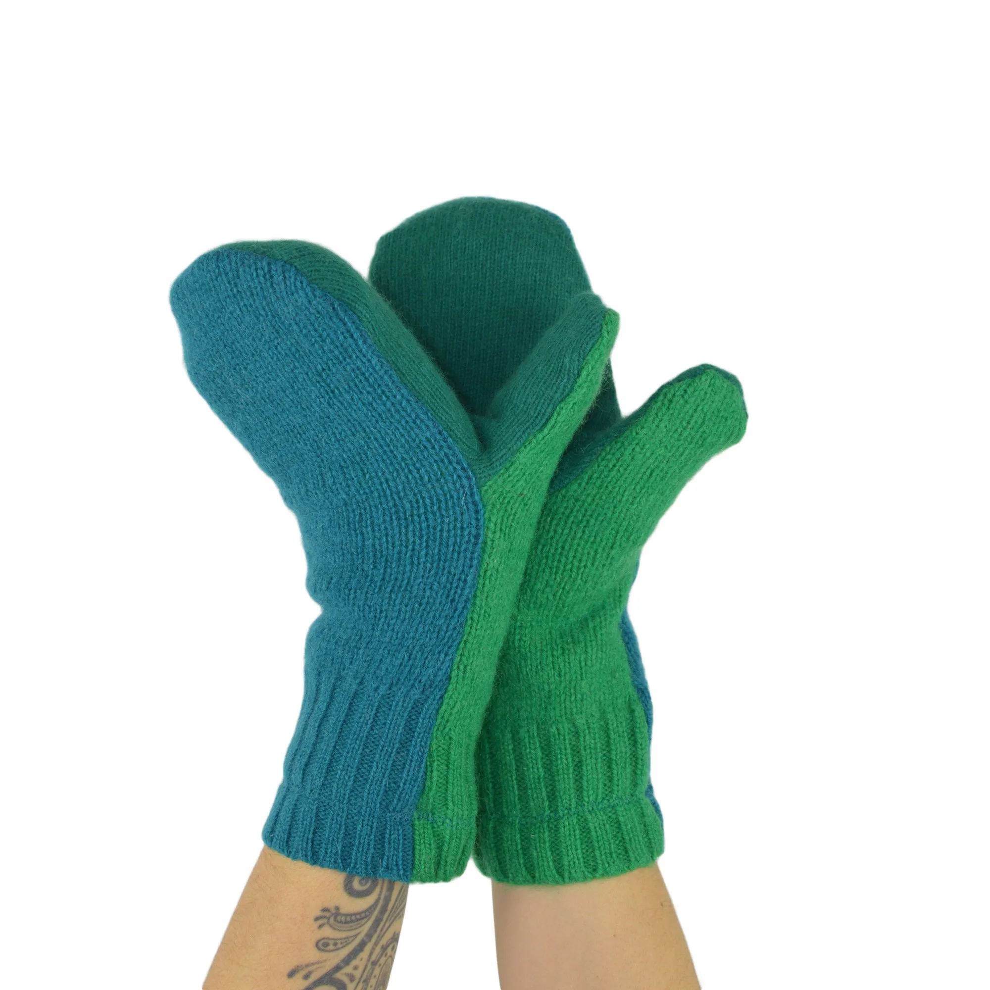Upcycled Sweater Mittens in Peacock Teal and Green - Image 2
