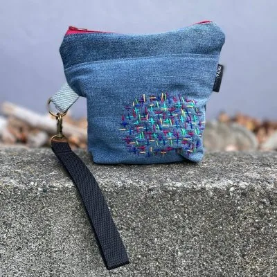 Embroidered Denim Wristlet