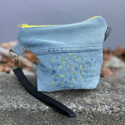 Embroidered Pastel Denim Wristlet