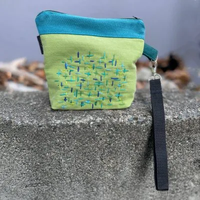 Embroidered Lime and Turquoise Denim Wristlet