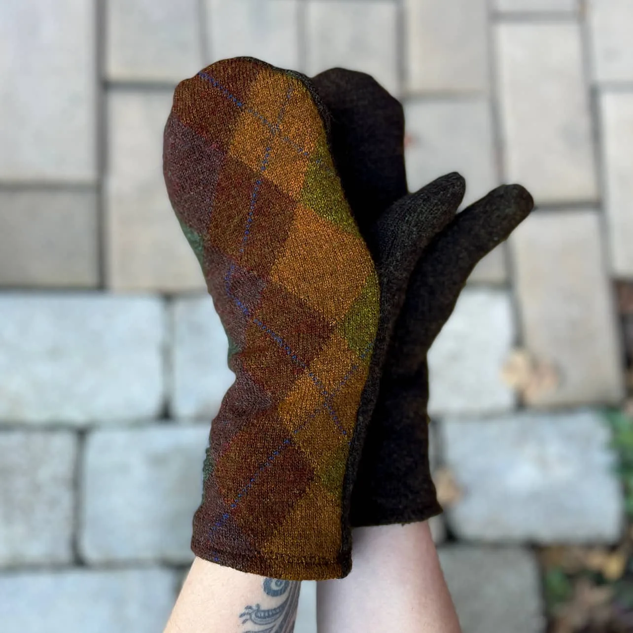 Upcycled Sweater Mittens in Autumn Argyle - Image 3