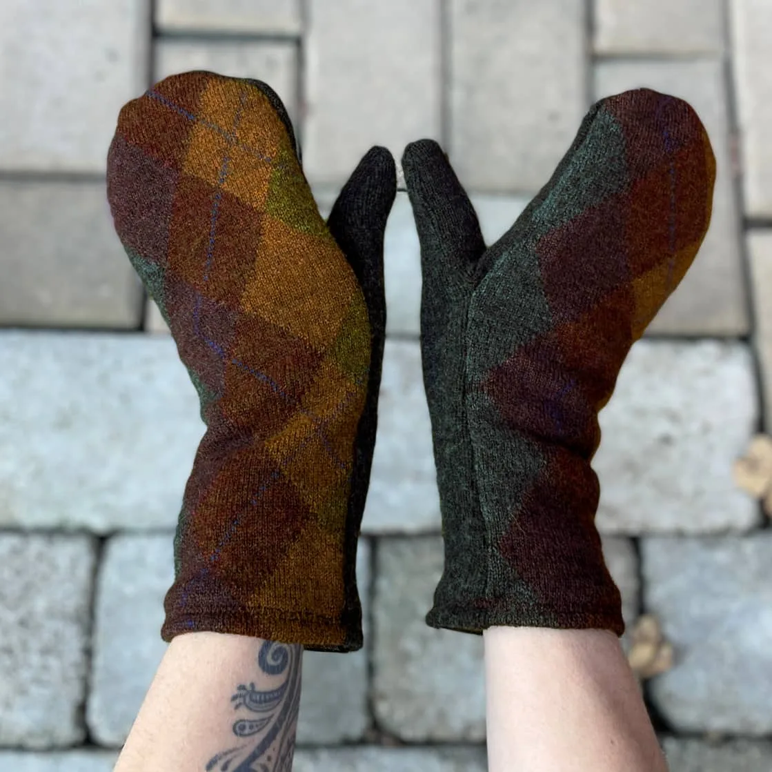 Upcycled Sweater Mittens in Autumn Argyle - Image 4