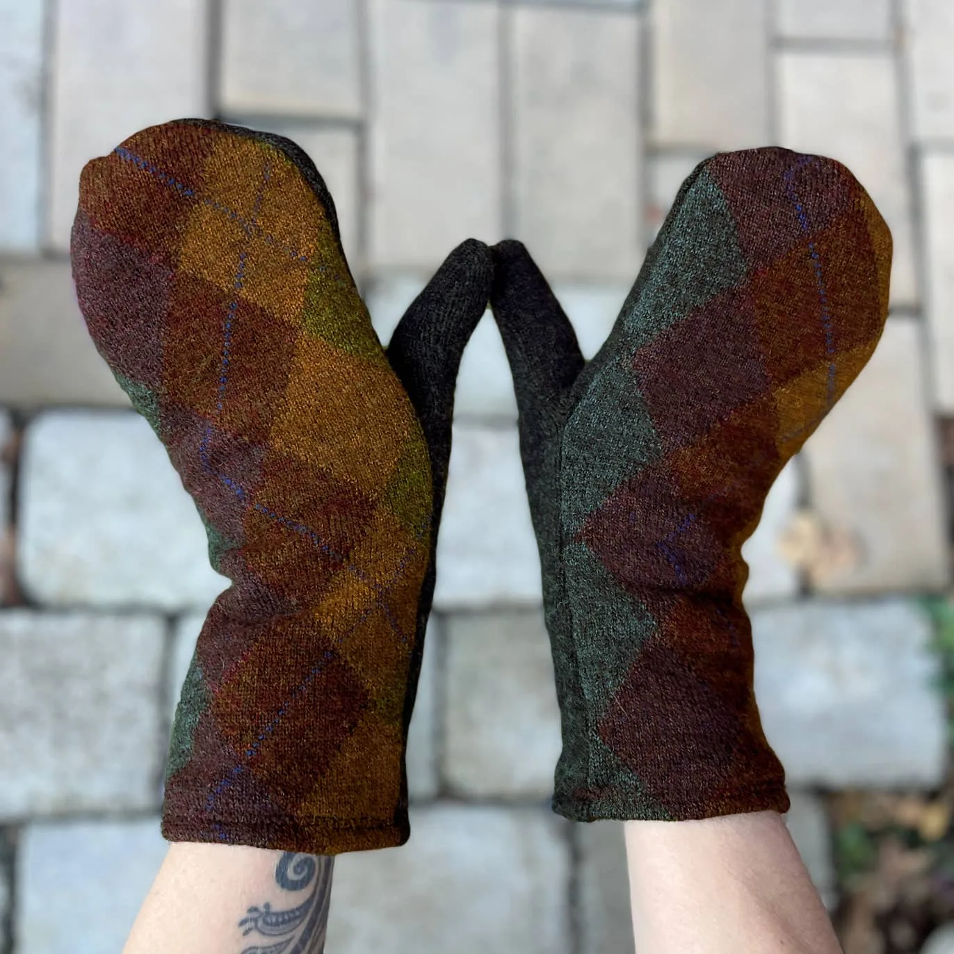 Upcycled Sweater Mittens in Autumn Argyle