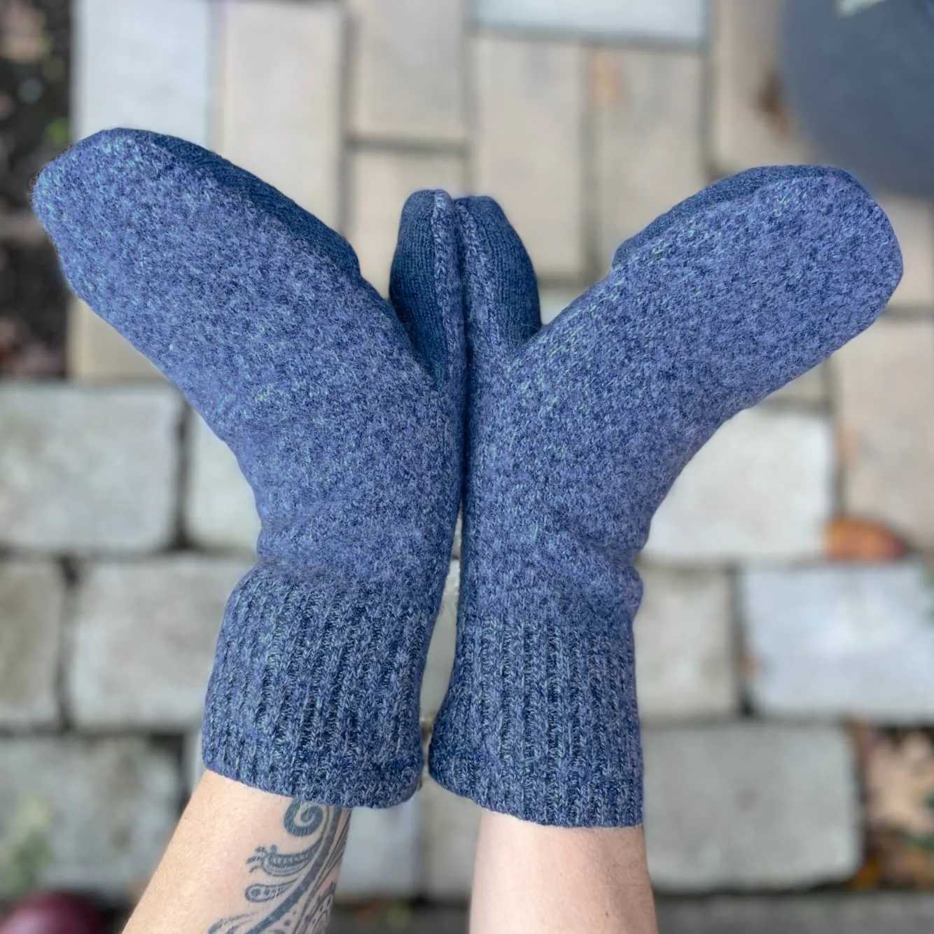 Upcycled Sweater Convertible Mittens in Blue Speckle