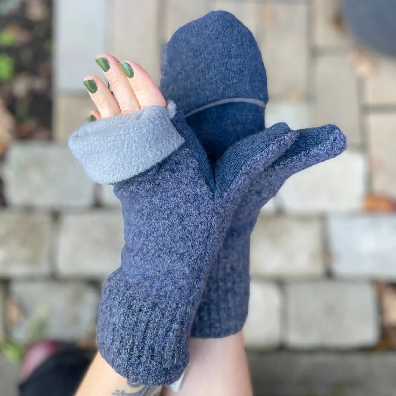 Upcycled Sweater Convertible Mittens in Blue Speckle - Image 4