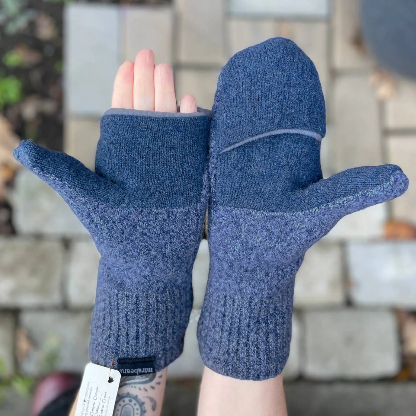 Upcycled Sweater Convertible Mittens in Blue Speckle - Image 5