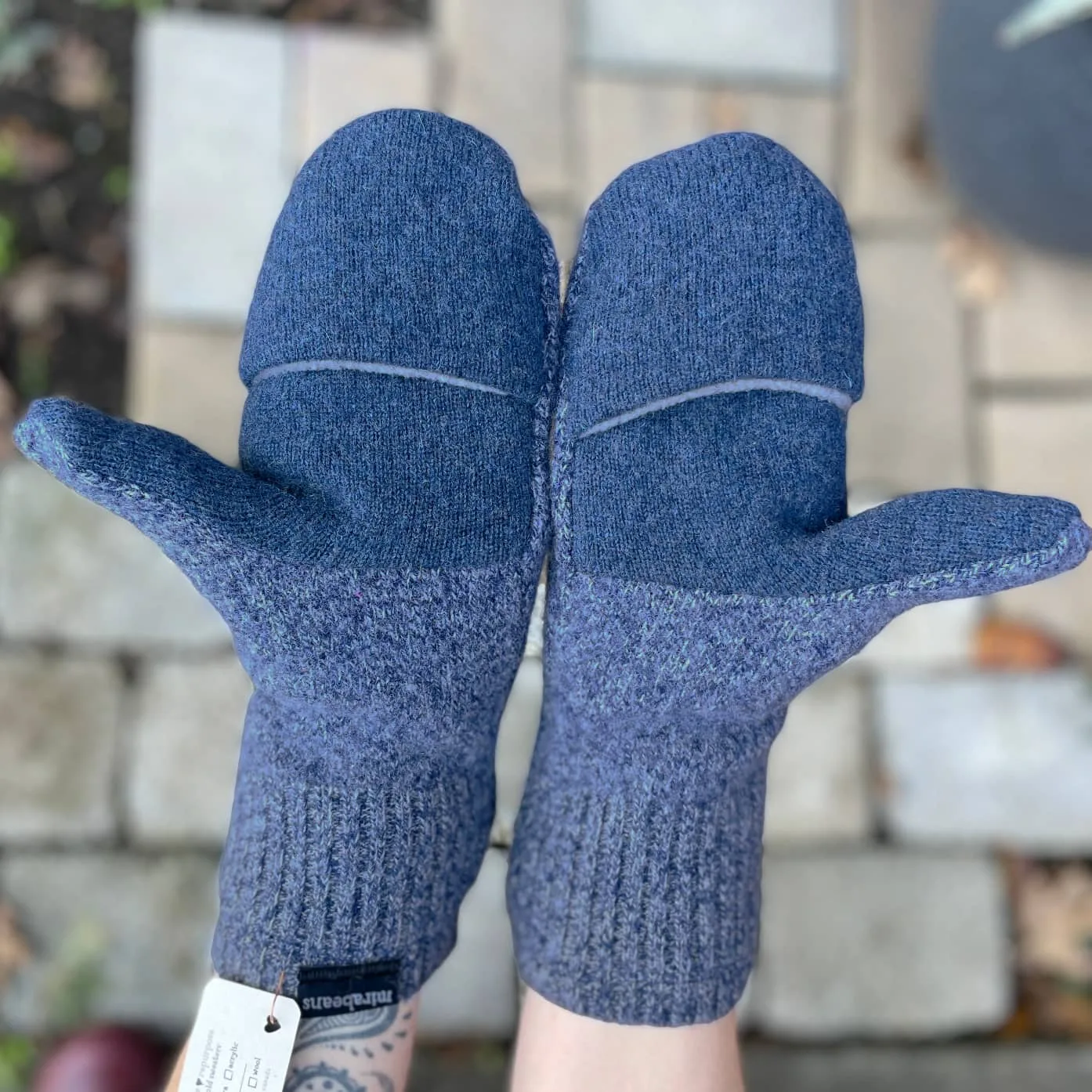 Upcycled Sweater Convertible Mittens in Blue Speckle - Image 2