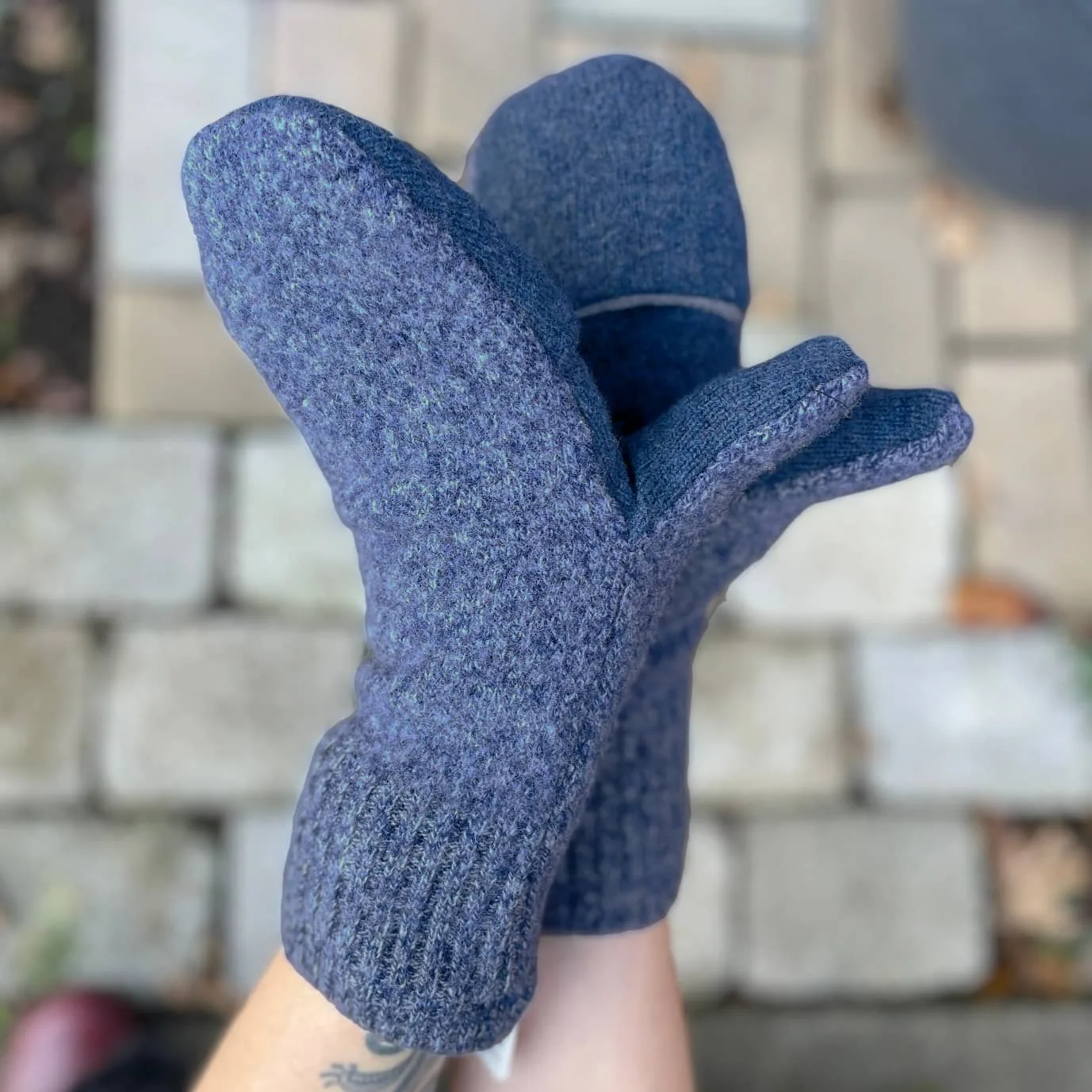 Upcycled Sweater Convertible Mittens in Blue Speckle - Image 3